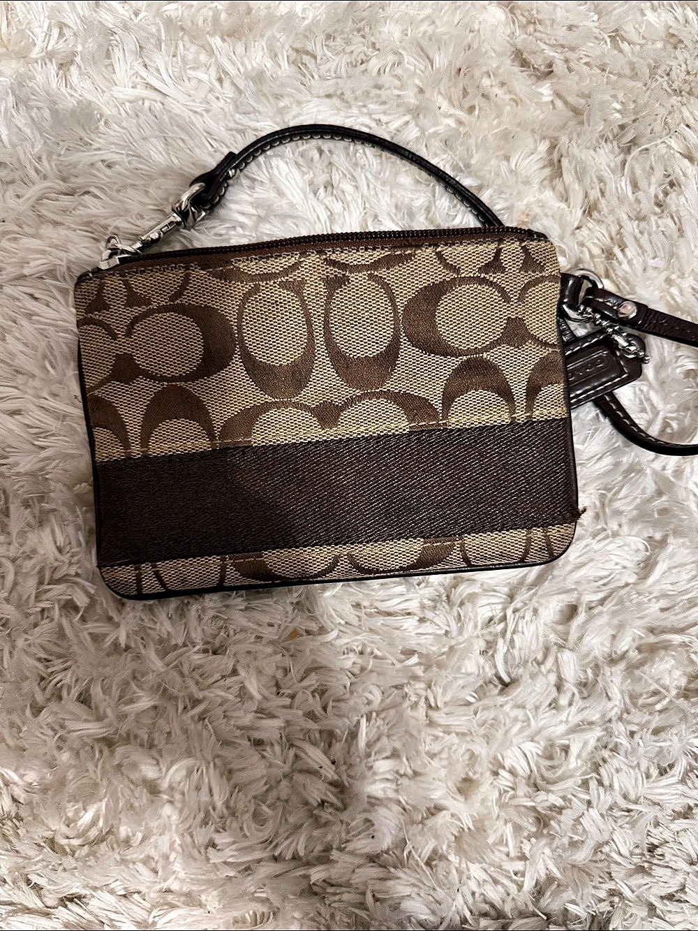 Coach Signature C Stripe Corner Zip Wristlet Brown Crossbody